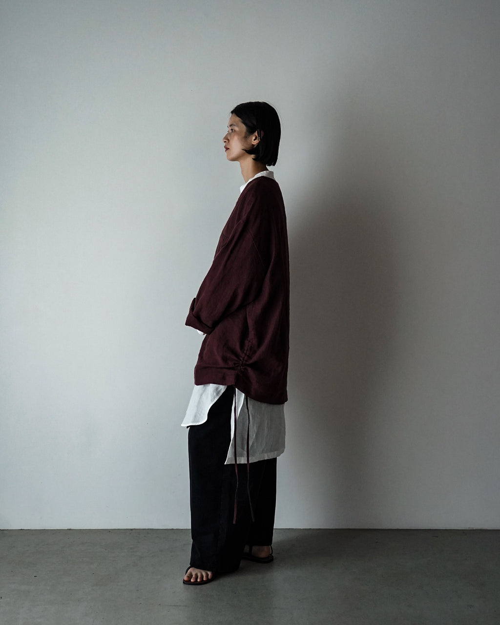 French Linen Side Shirring Long-Sleeve Pullover<#burgundy>