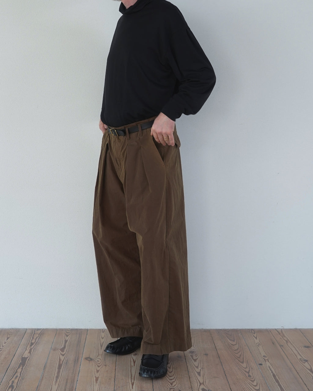 Oiled Wax Washed Moleskin Wide Baggy Pants <#camel>