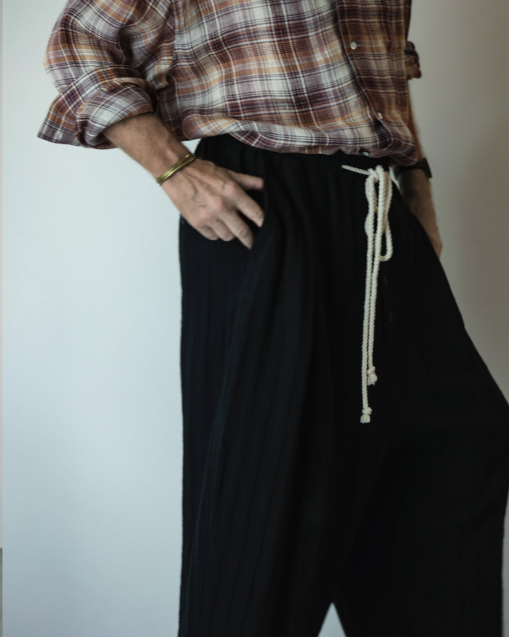 Linen Herringbone Button-Fly Easy Sarouel Pants <#black>