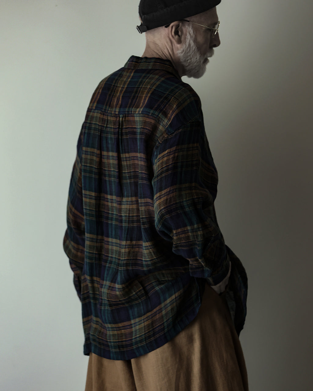 Linen Madras Check Open Collar Long-Sleeve Gathered Shirt<#navy check>