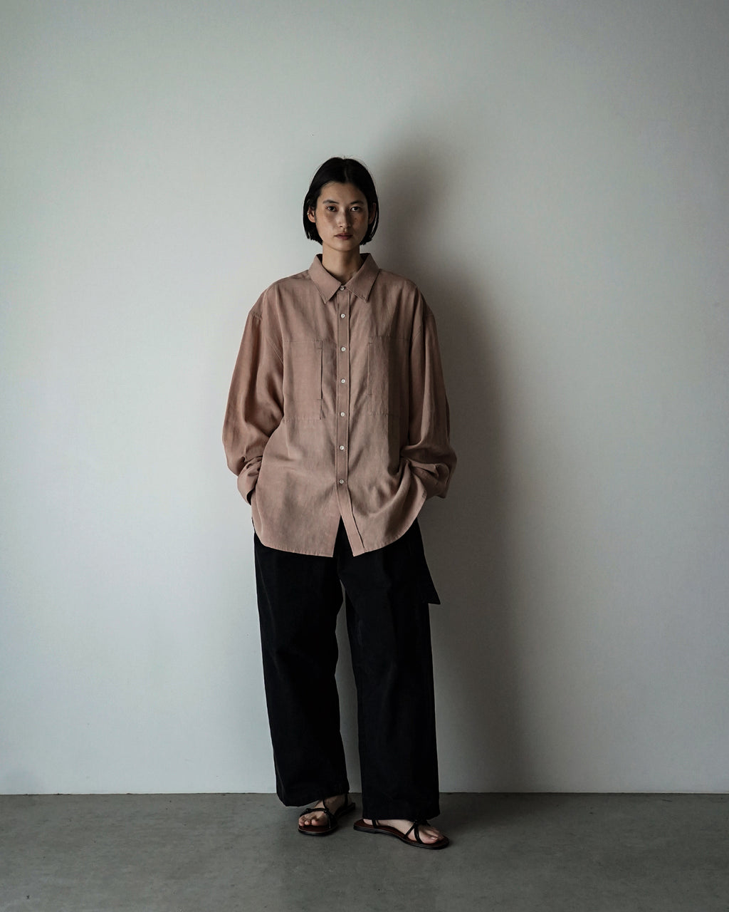 Linen-Tencel Double Pocket Regular Collar Over Shirt <#smoke pink>