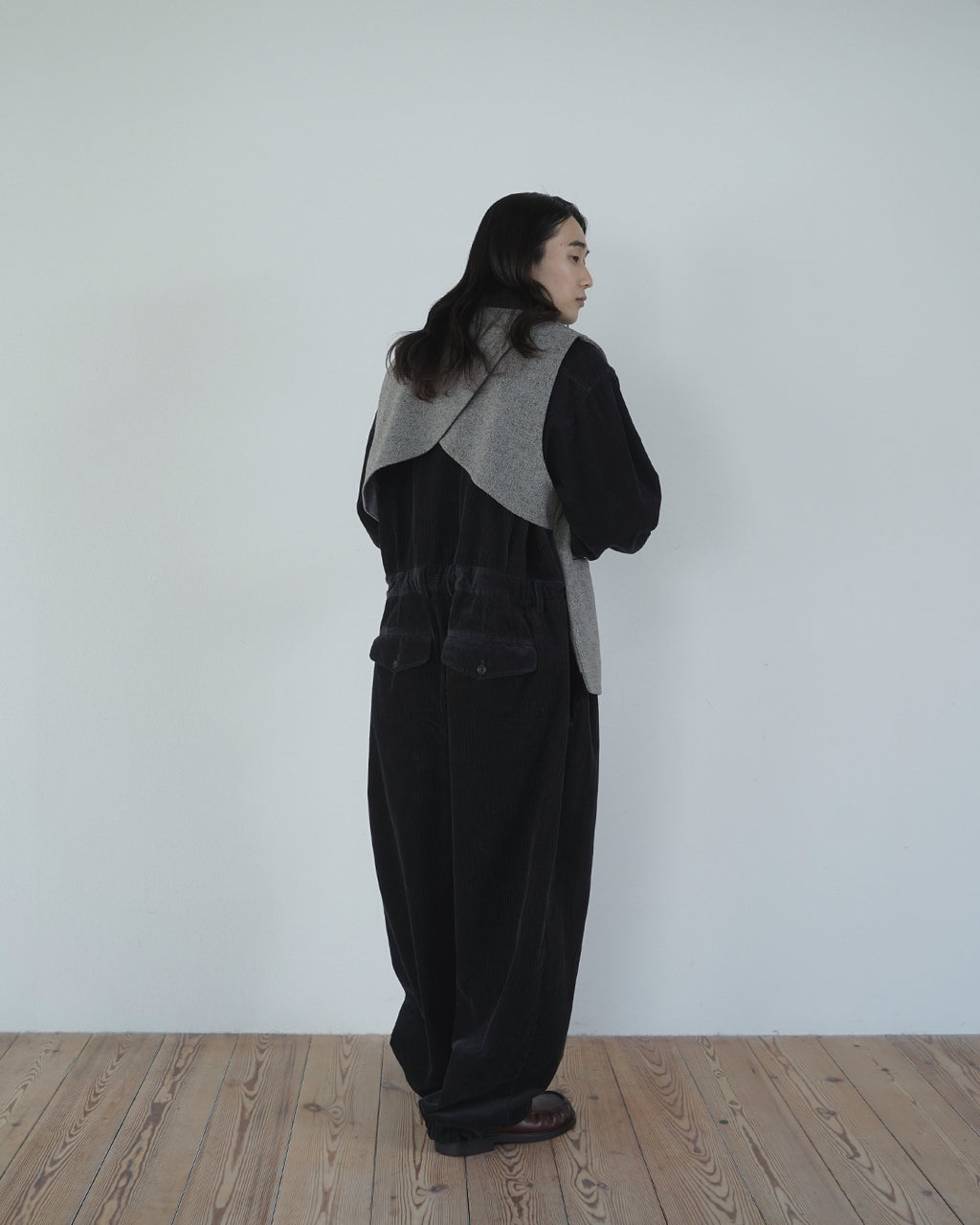 Wool Blend Tweed Back-Open Layered Crew Neck Vest <#greige>