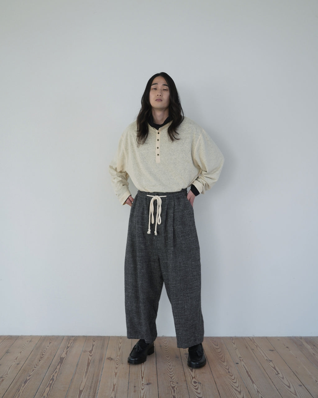Shetland Wool Linen Rope Belt Easy Sarouel Pants <#charcoal>