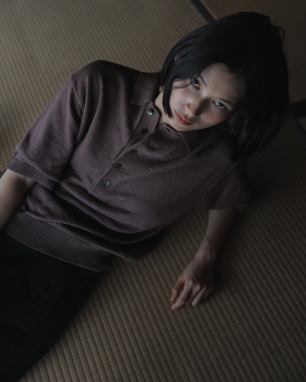 Linen Mid-Gauge Half Sleeve Knit Polo <#brown>