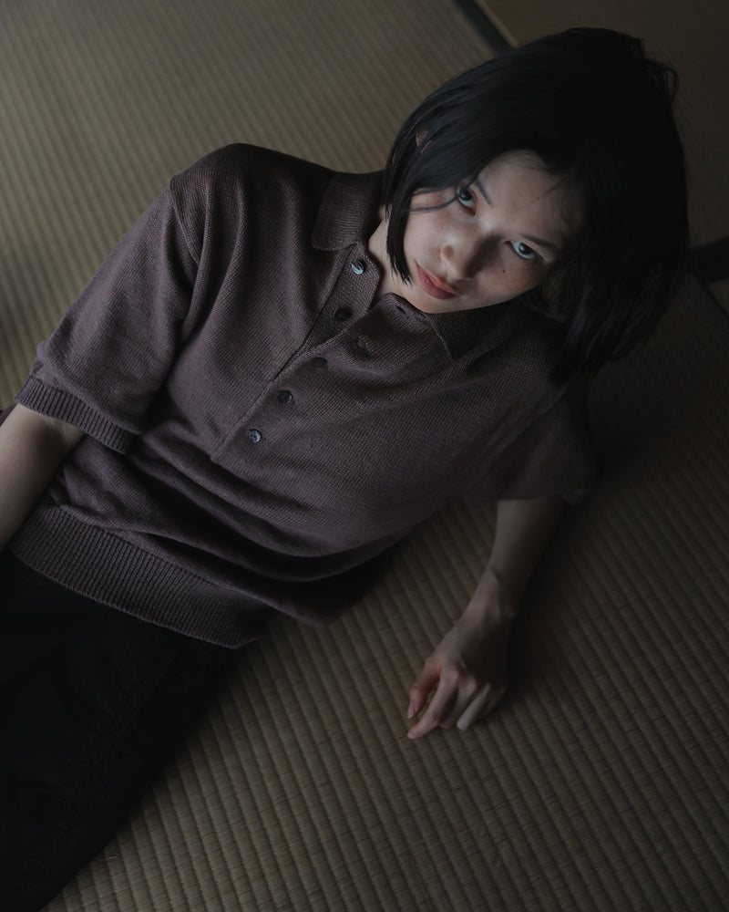 Linen Mid-Gauge Half Sleeve Knit Polo <#brown>