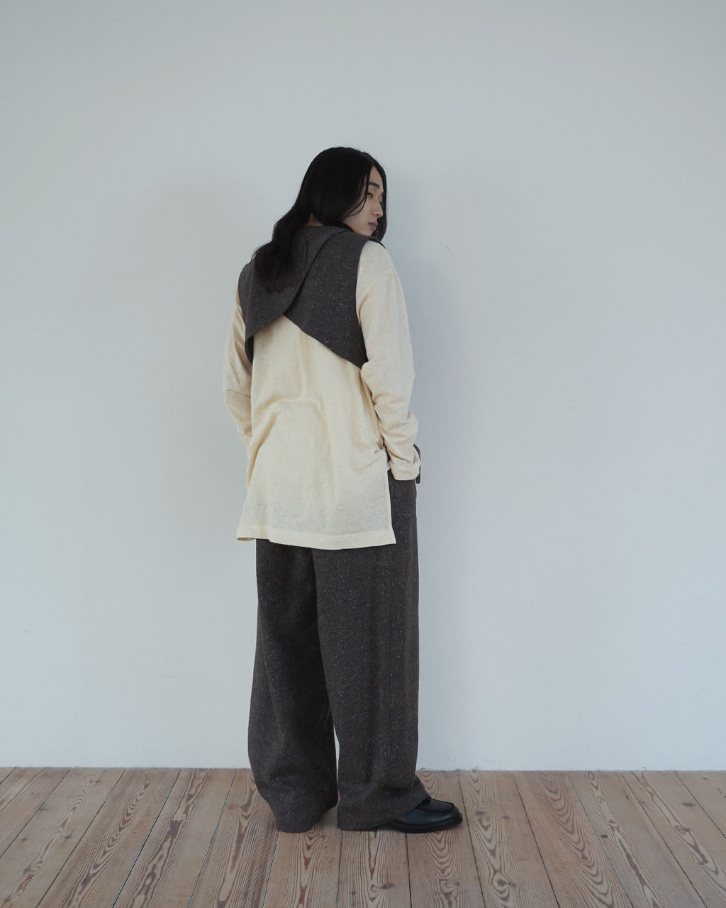 Wool Blend Tweed Back-Open Layered Crew Neck Vest <#brown>