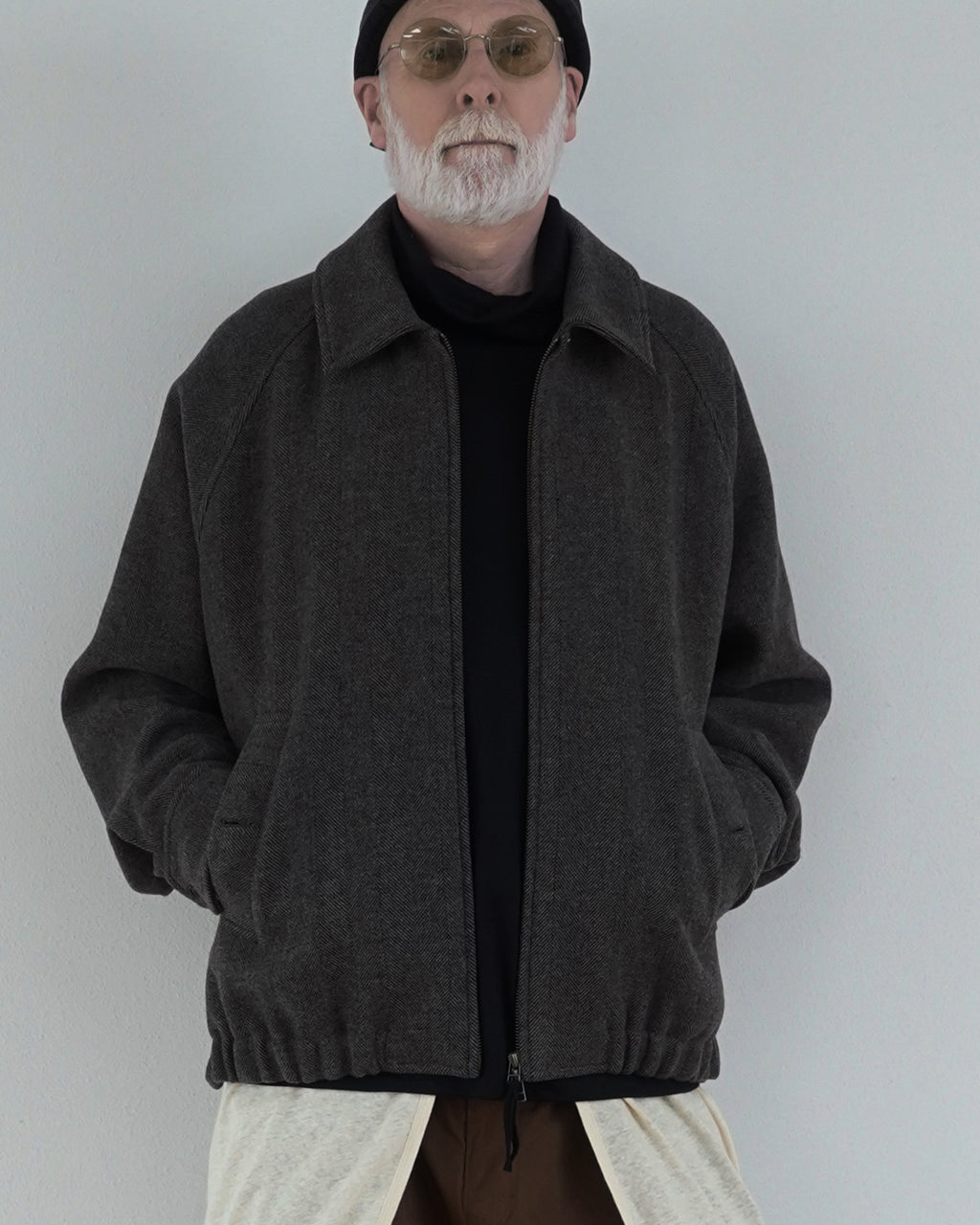 Wool Blend Herringbone Tweed Volume Zip Blouson <#brown>