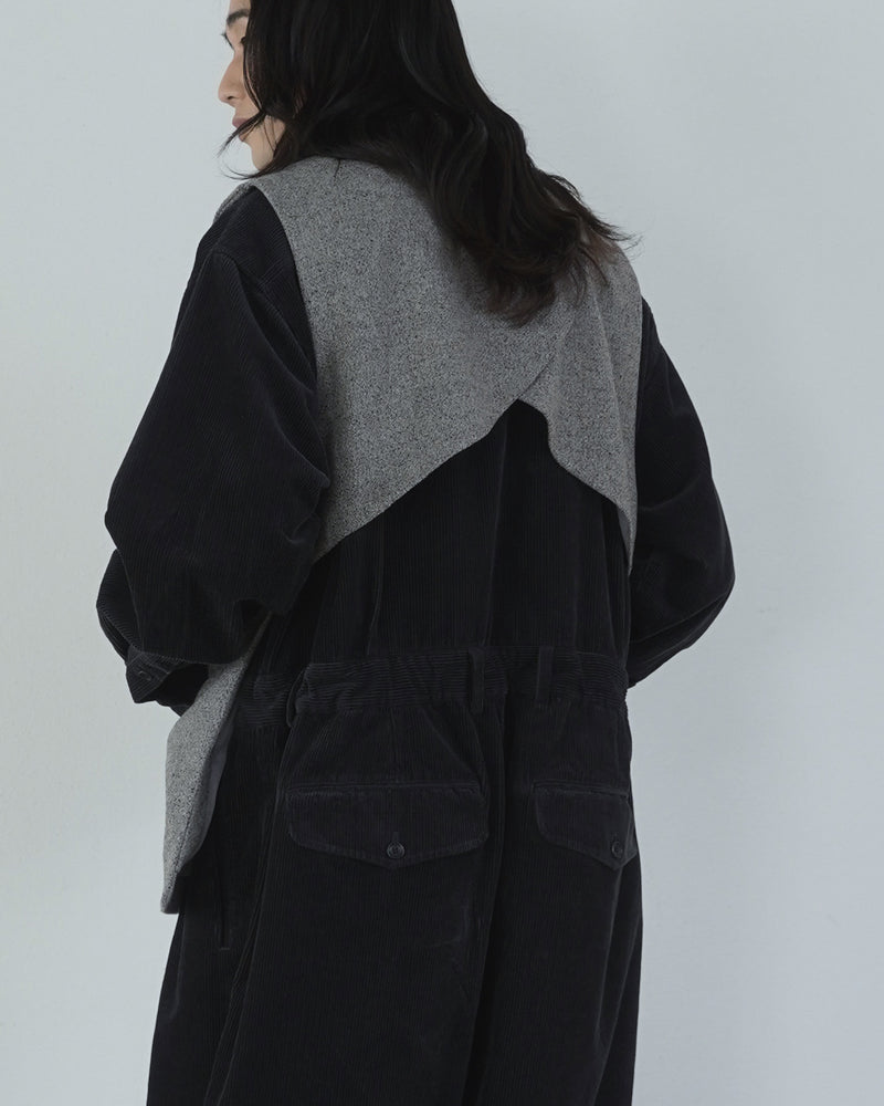 Wool Blend Tweed Back-Open Layered Crew Neck Vest <#greige>