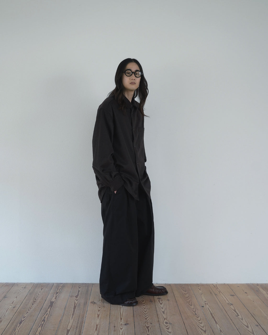 Wool Blend Heavy Flannel Wide Tuck Over Shirt <#olive>