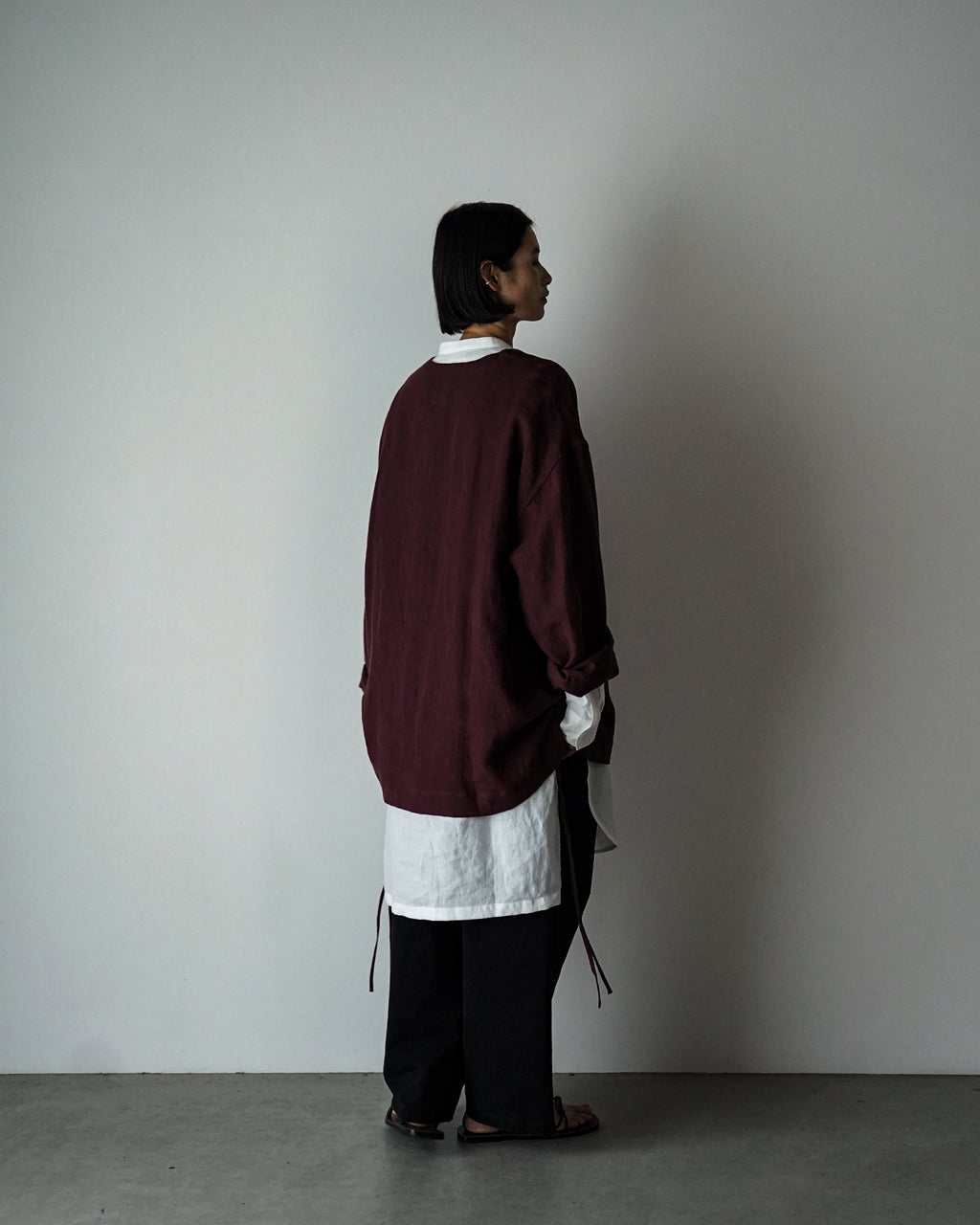 French Linen Side Shirring Long-Sleeve Pullover<#burgundy>