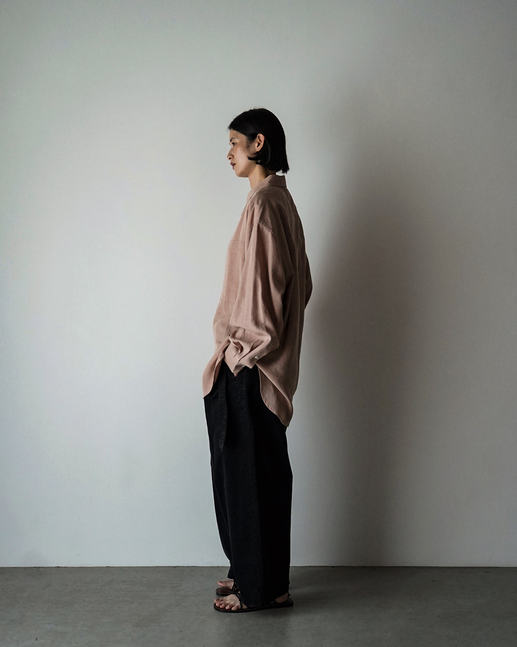 Linen-Tencel Double Pocket Regular Collar Over Shirt <#smoke pink>