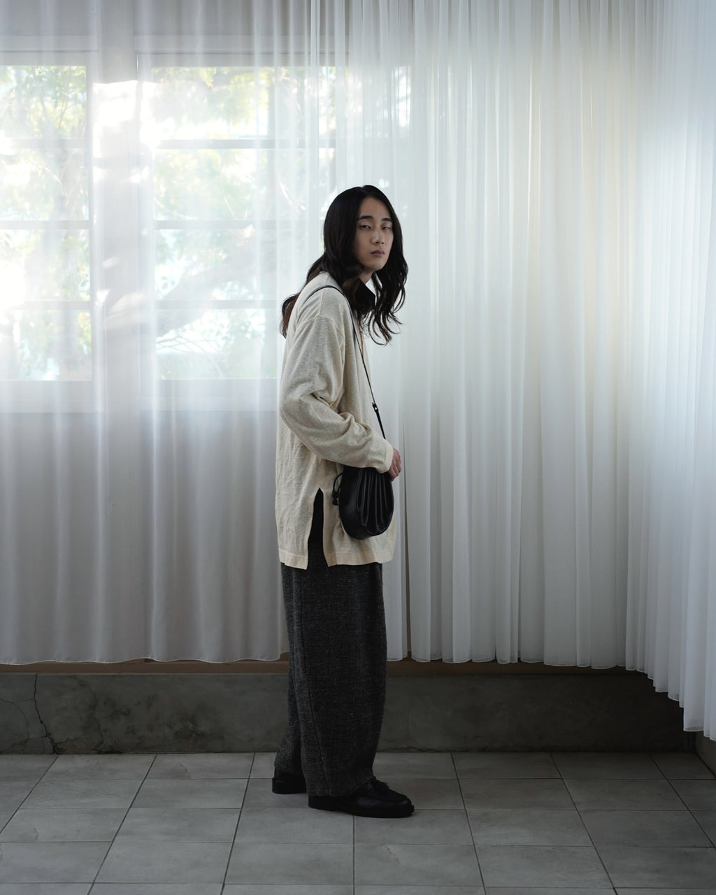 Linen Jersey Henley Neck Middle Length L/S Tee <#ivory>