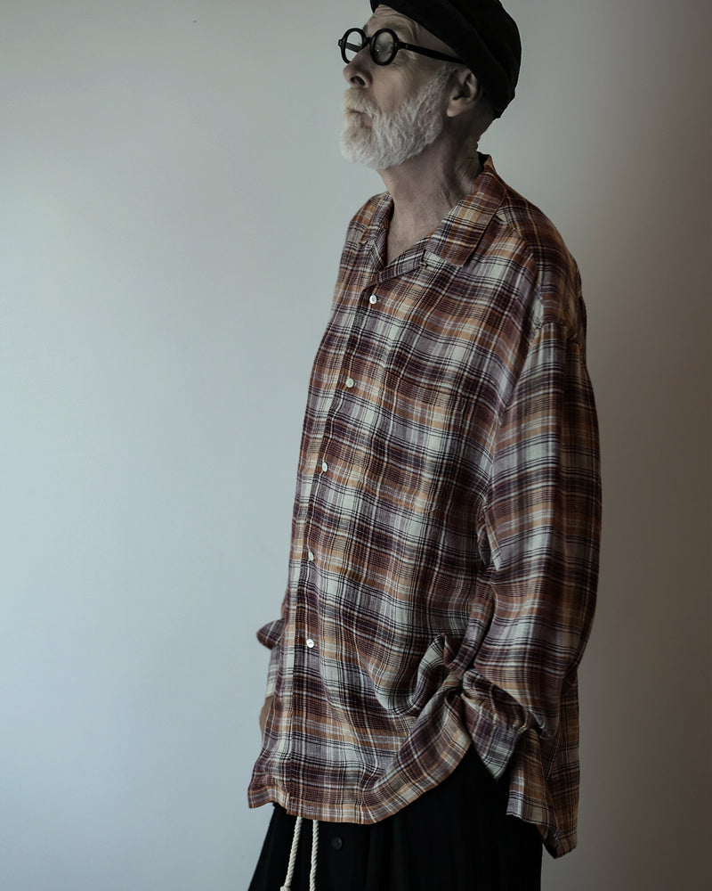 Linen Madras Check Open Collar Long-Sleeve Gathered Shirt<#red check>