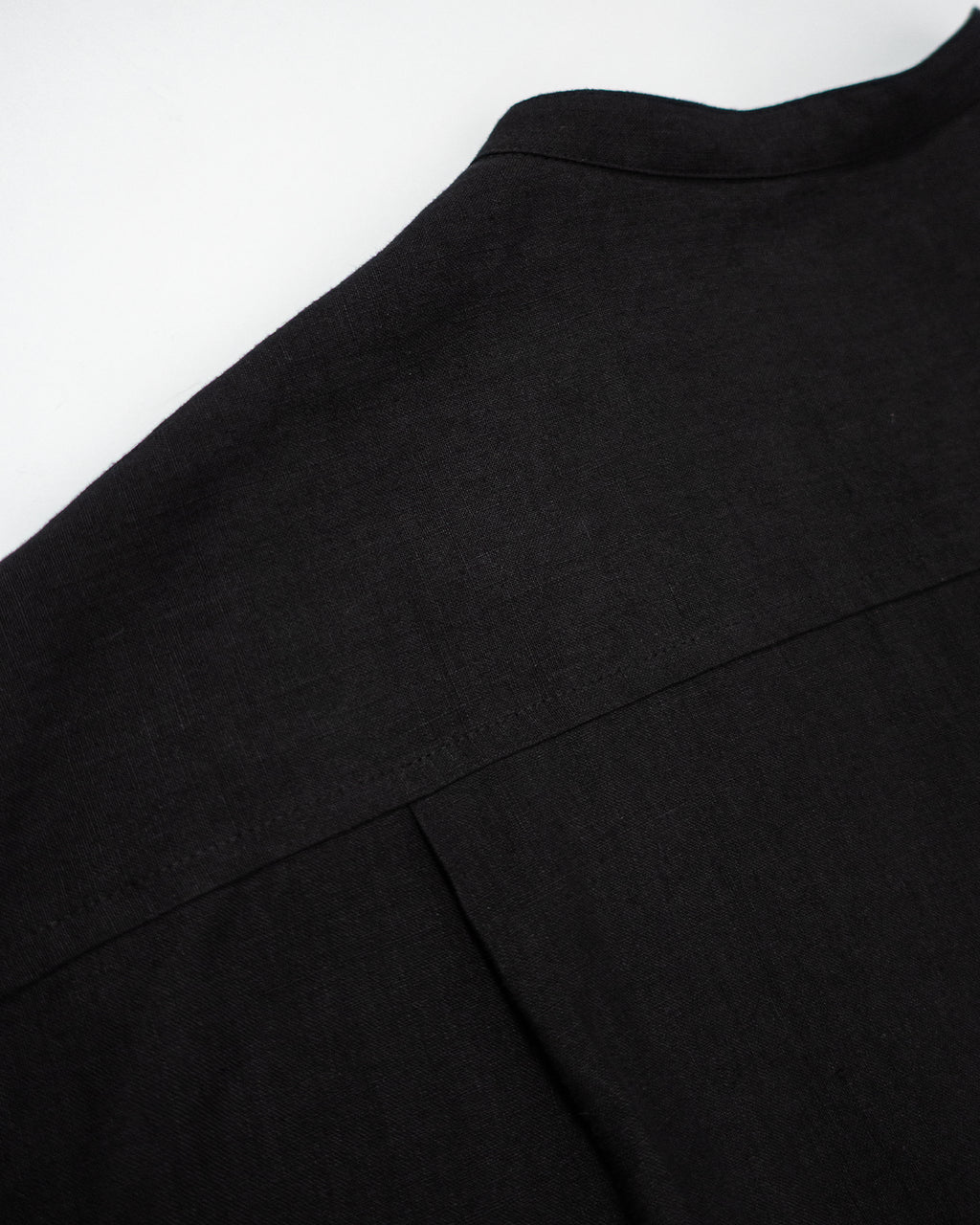 Wash Linen Band Collar Long-Sleeve Jumpsuit <#black>