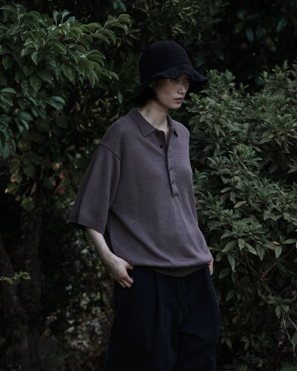 Linen Mid-Gauge Half Sleeve Knit Polo <#brown>