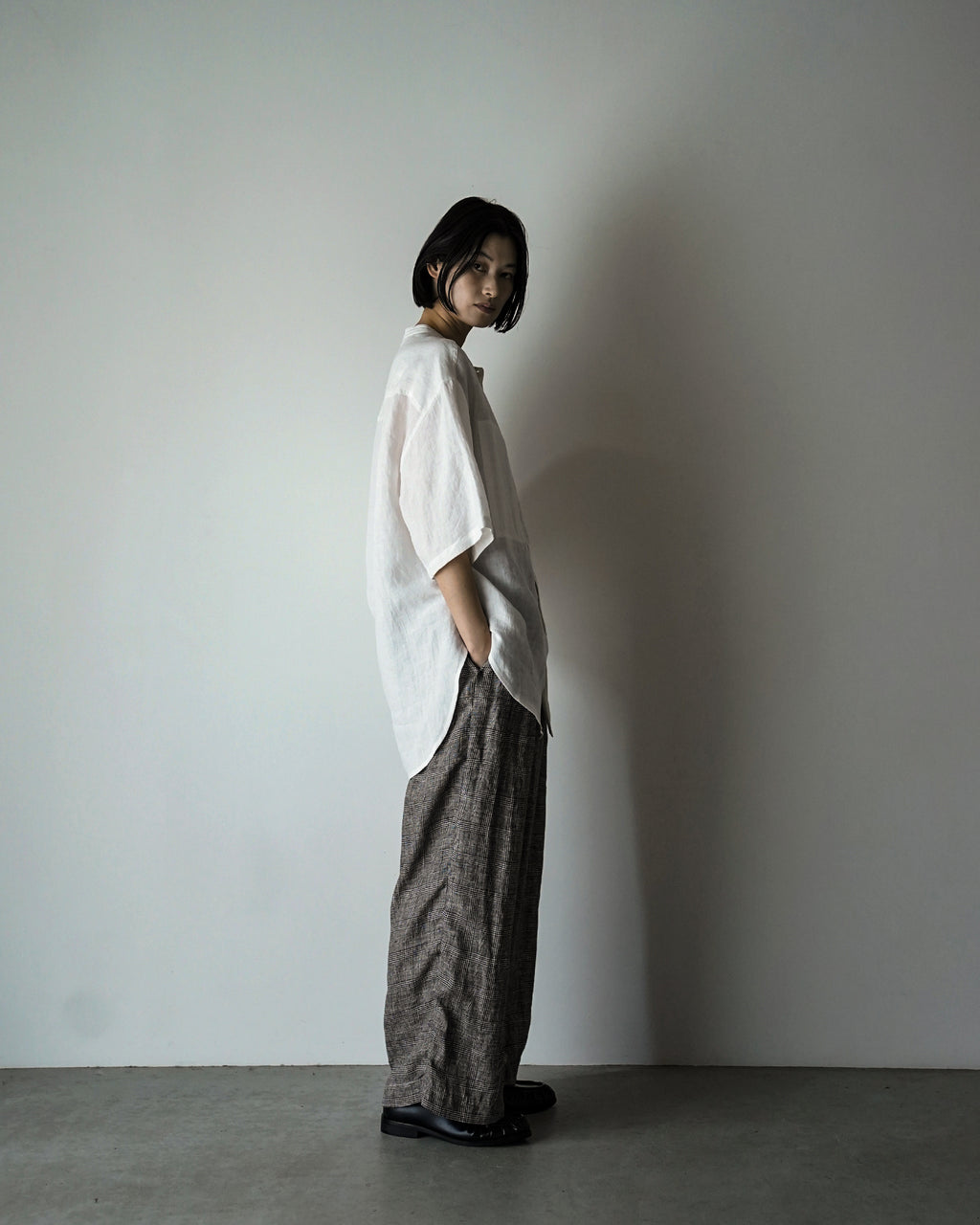 Glen Check Linen Back Belt 3Tuck Wide Straight Trousers <#glen check>