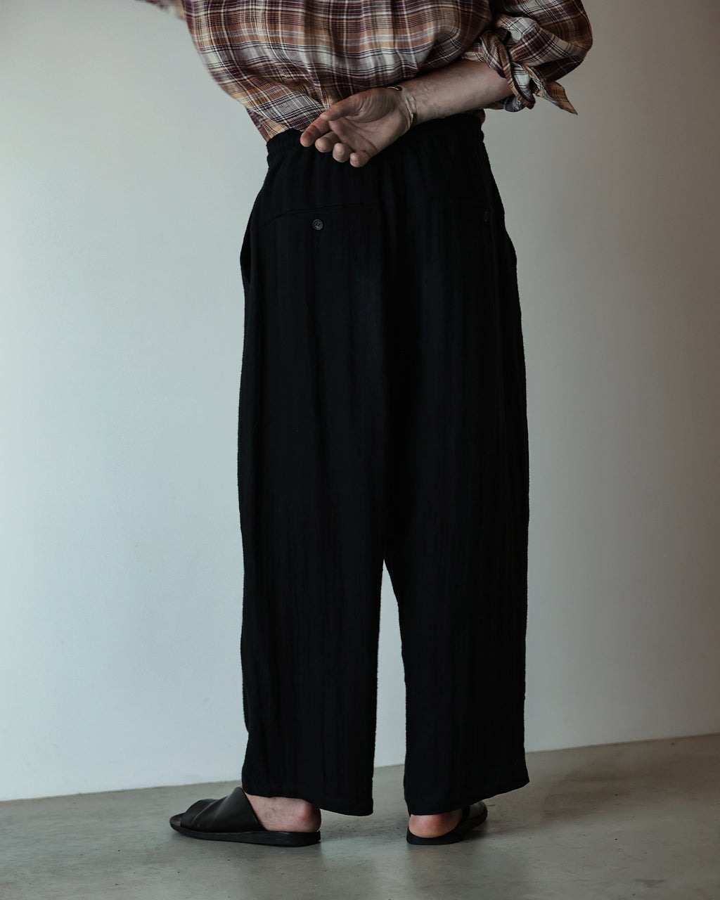 Linen Herringbone Button-Fly Easy Sarouel Pants <#black>