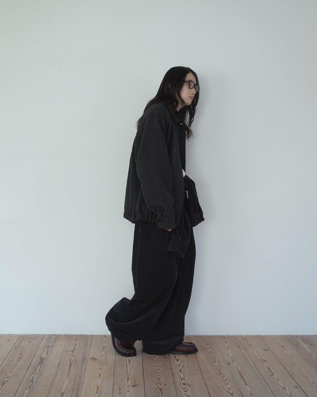 Wool Blend Herringbone Tweed Volume Zip Blouson <#black>