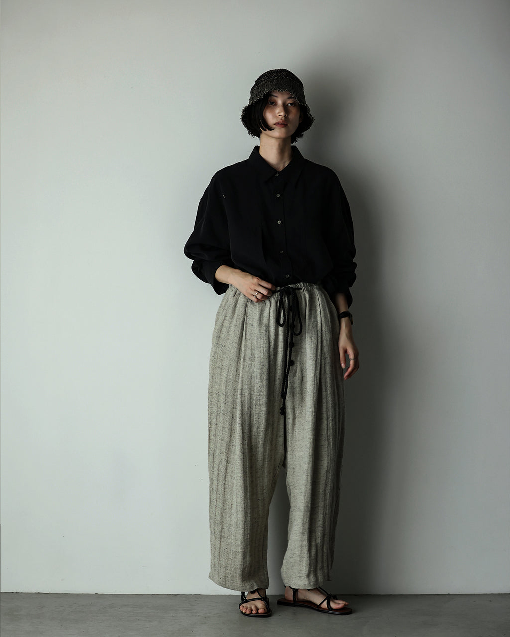 Linen Herringbone Button-Fly Easy Sarouel Pants <#heather gray>