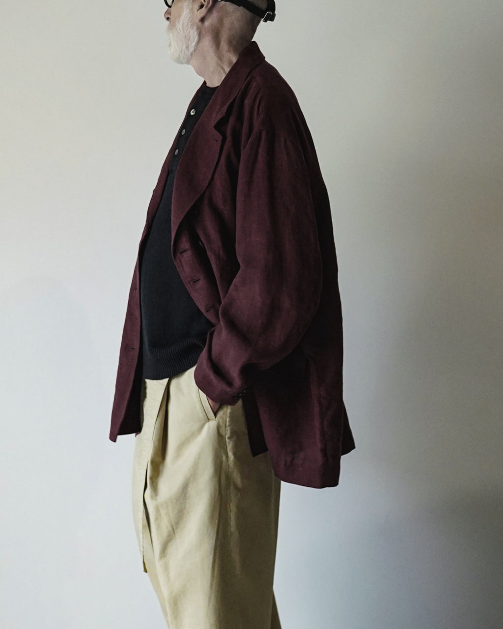 French Linen Back-Open Button Design Semi-Double Jacket <#burgundy>