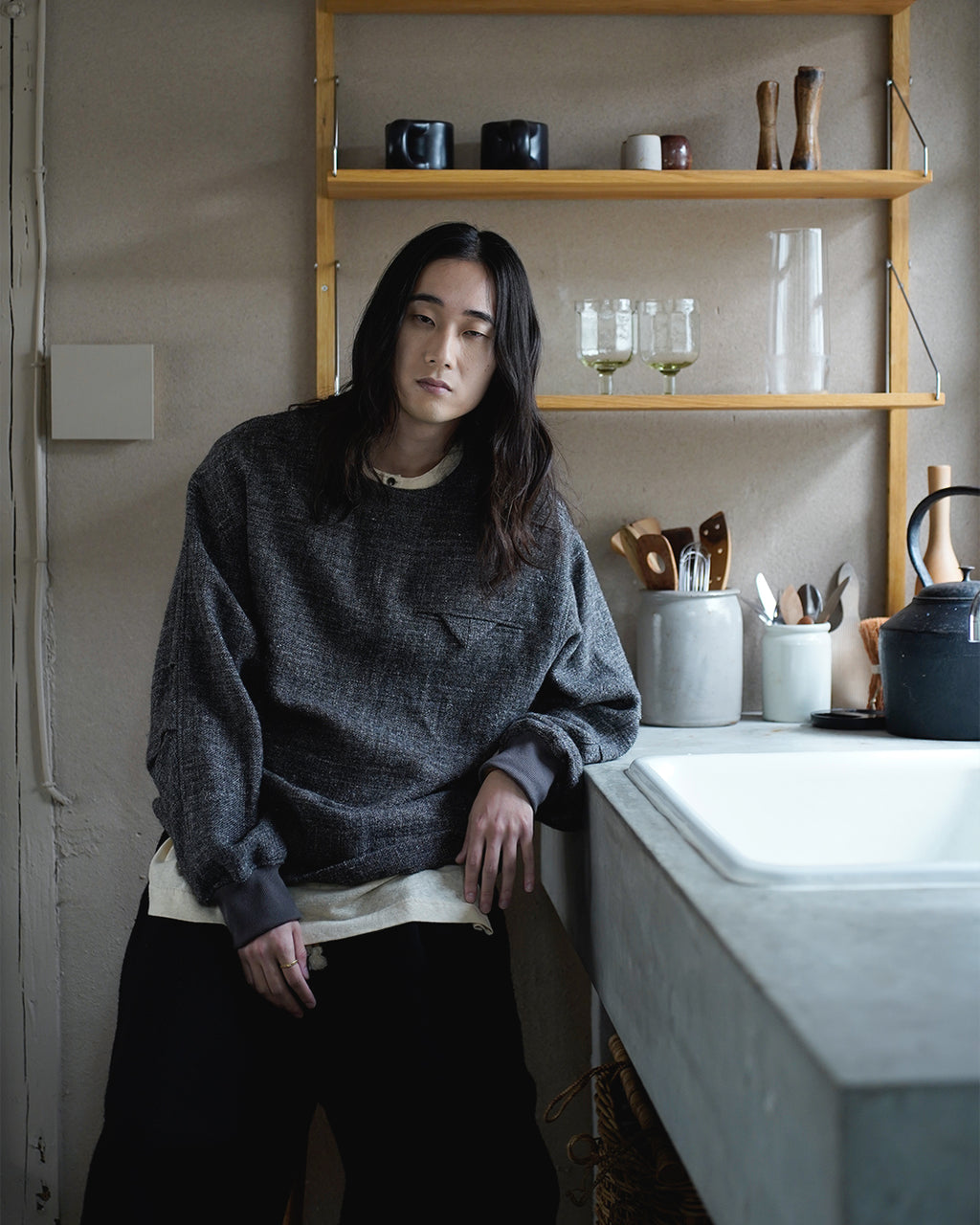 Shetland Wool Linen Crew Neck LS Tuck Rib Pullover <#charcoal>