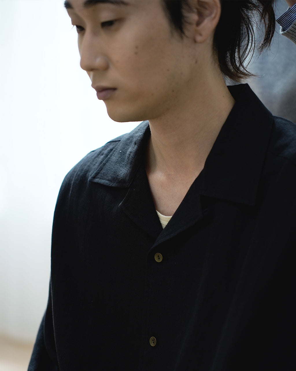 Wash Linen Open Collar 3/4 Sleeve Sleeping Shirt <#black>