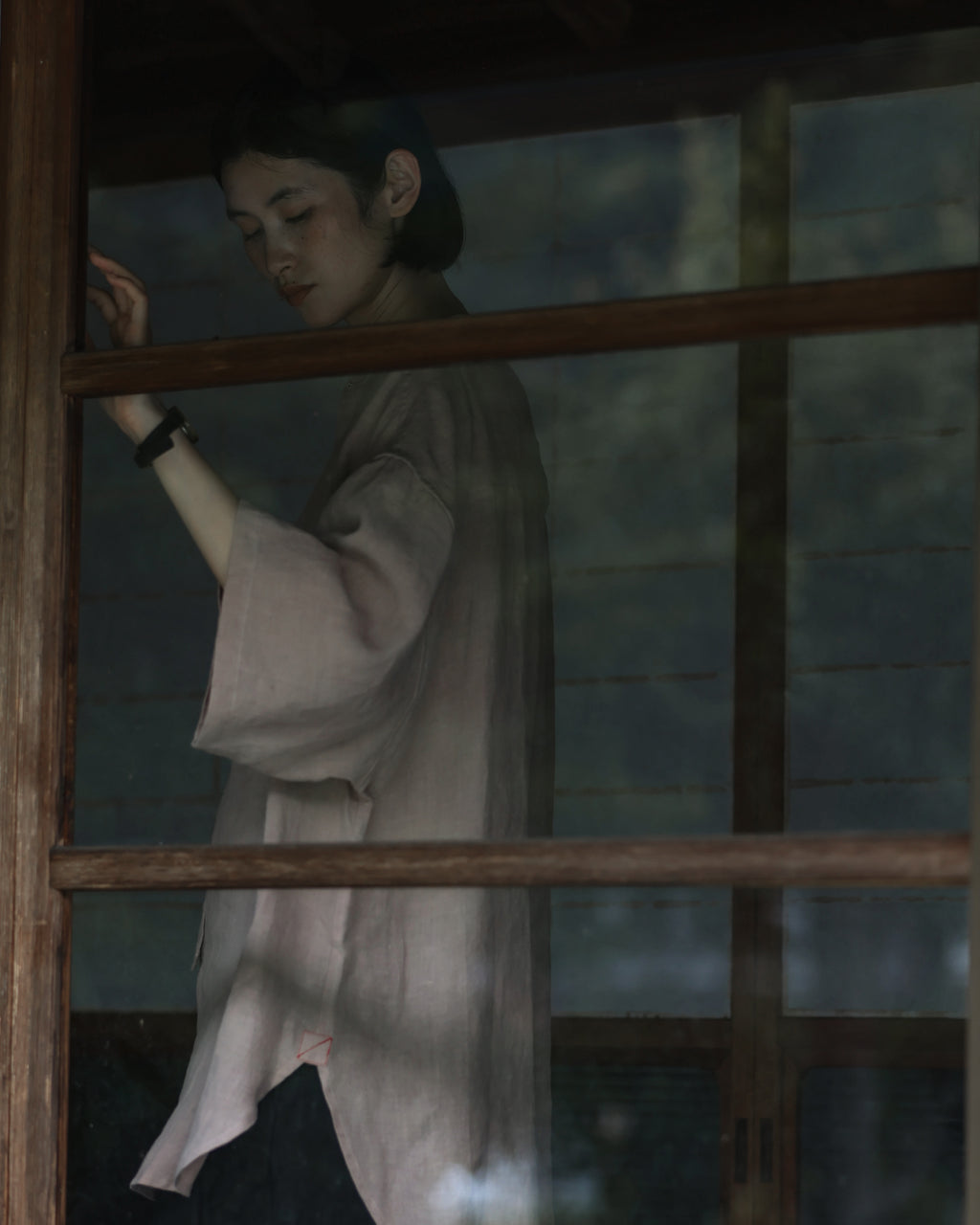 Wash Linen Band Collar Henley Neck Like Half Sleeve Atelier Shirt <#smoke pink>