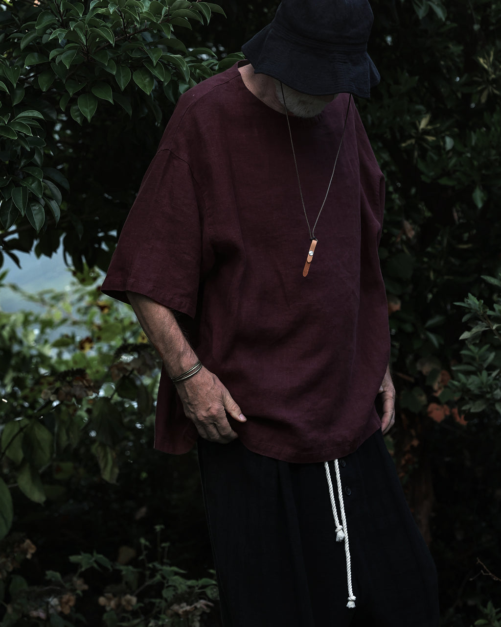French Linen Crew Neck Half Sleeve Oversized Pullover <#burgundy>