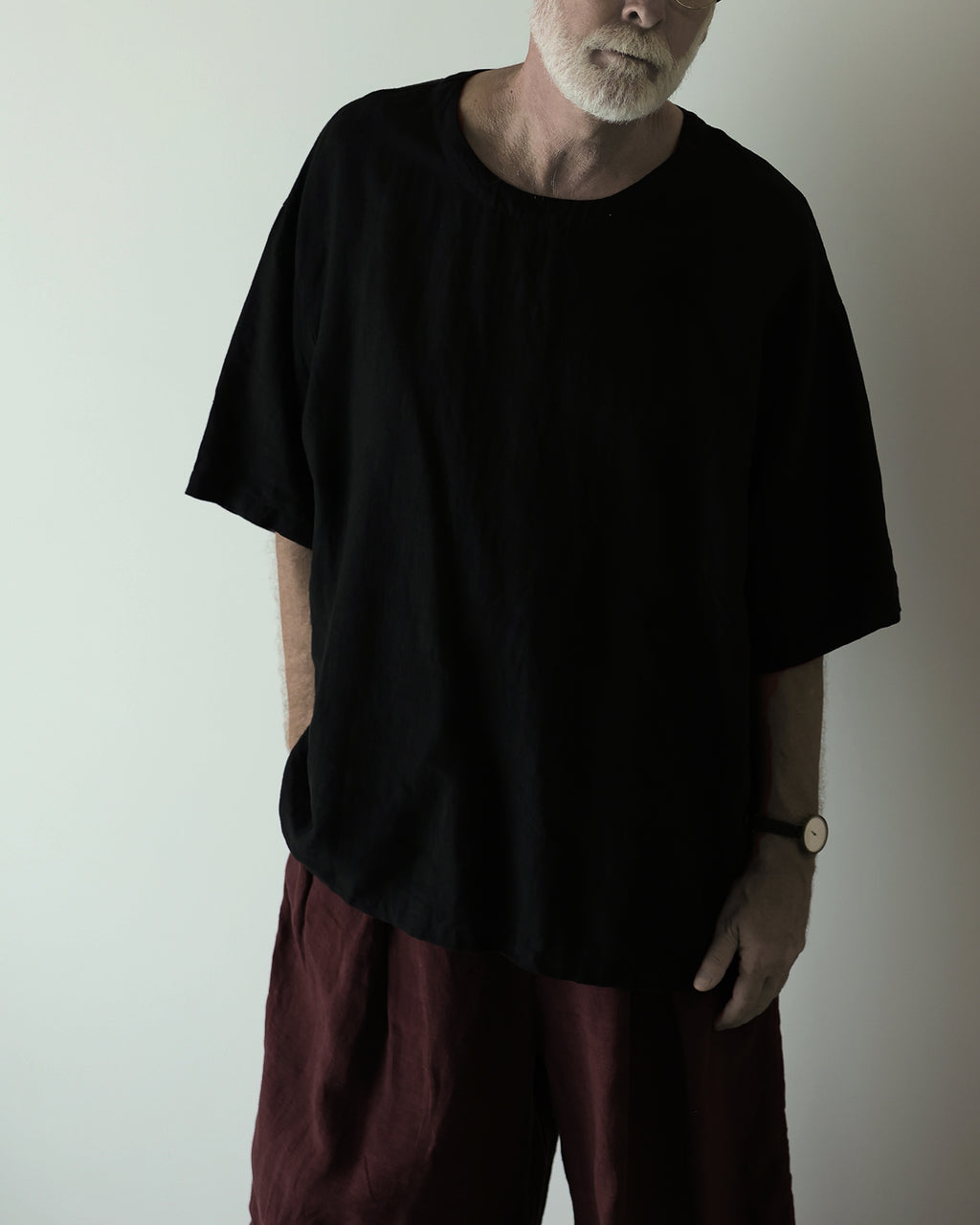 French Linen Crew Neck Half Sleeve Oversized Pullover <#black>