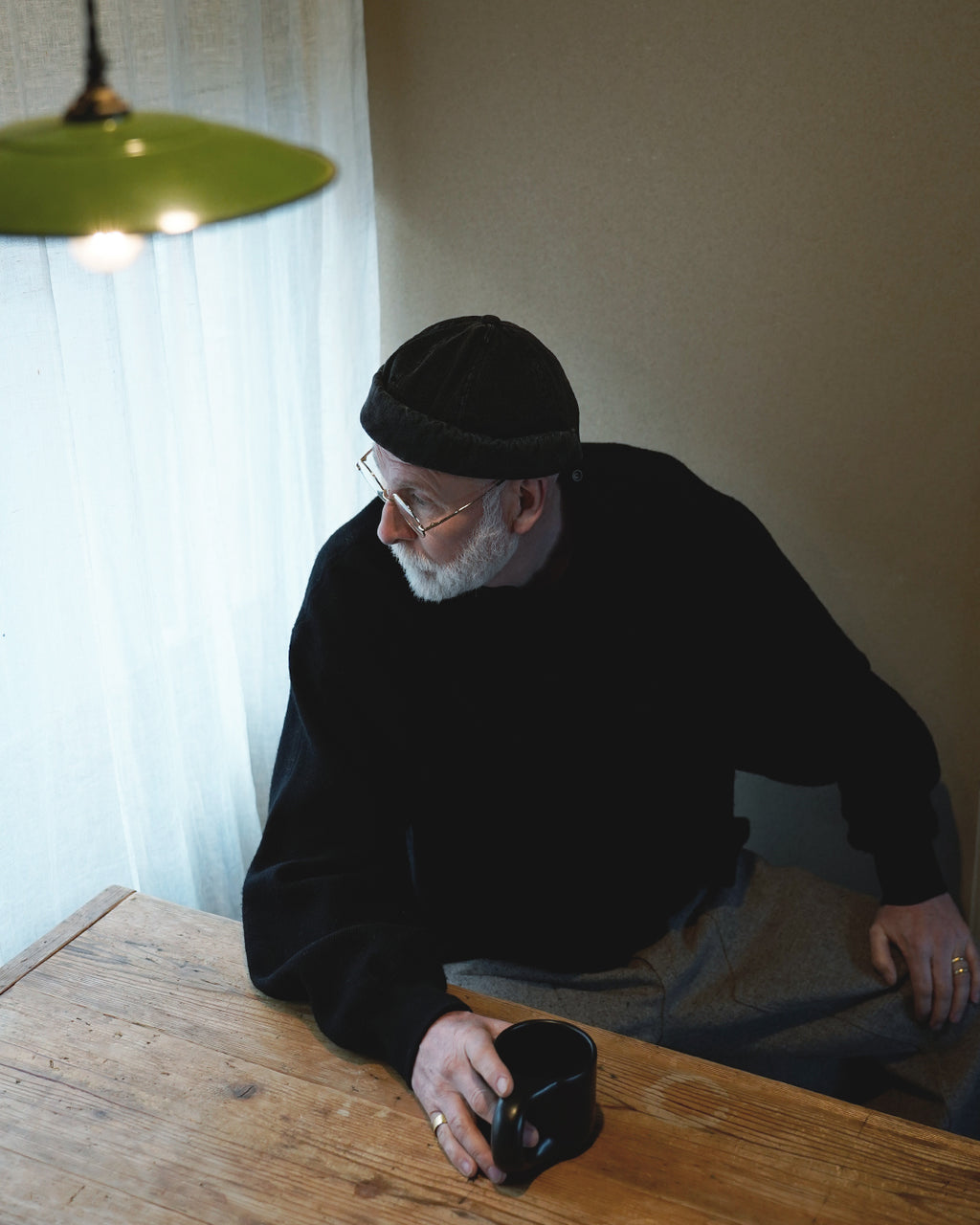 Shetland Wool Linen Crew Neck LS Tuck Rib Pullover <#black>