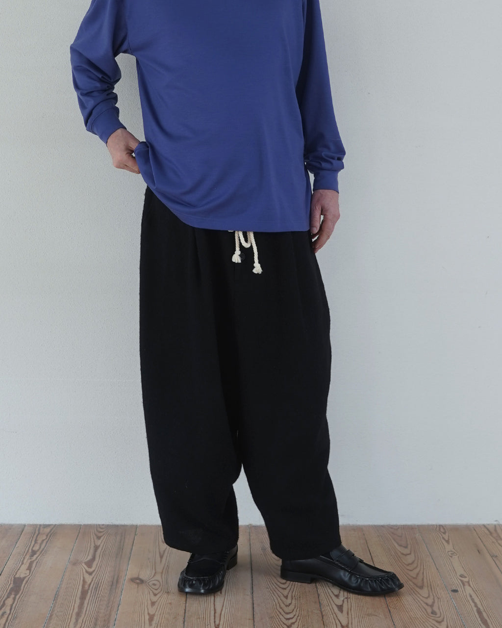 Shetland Wool Linen Rope Belt Easy Sarouel Pants <#black>