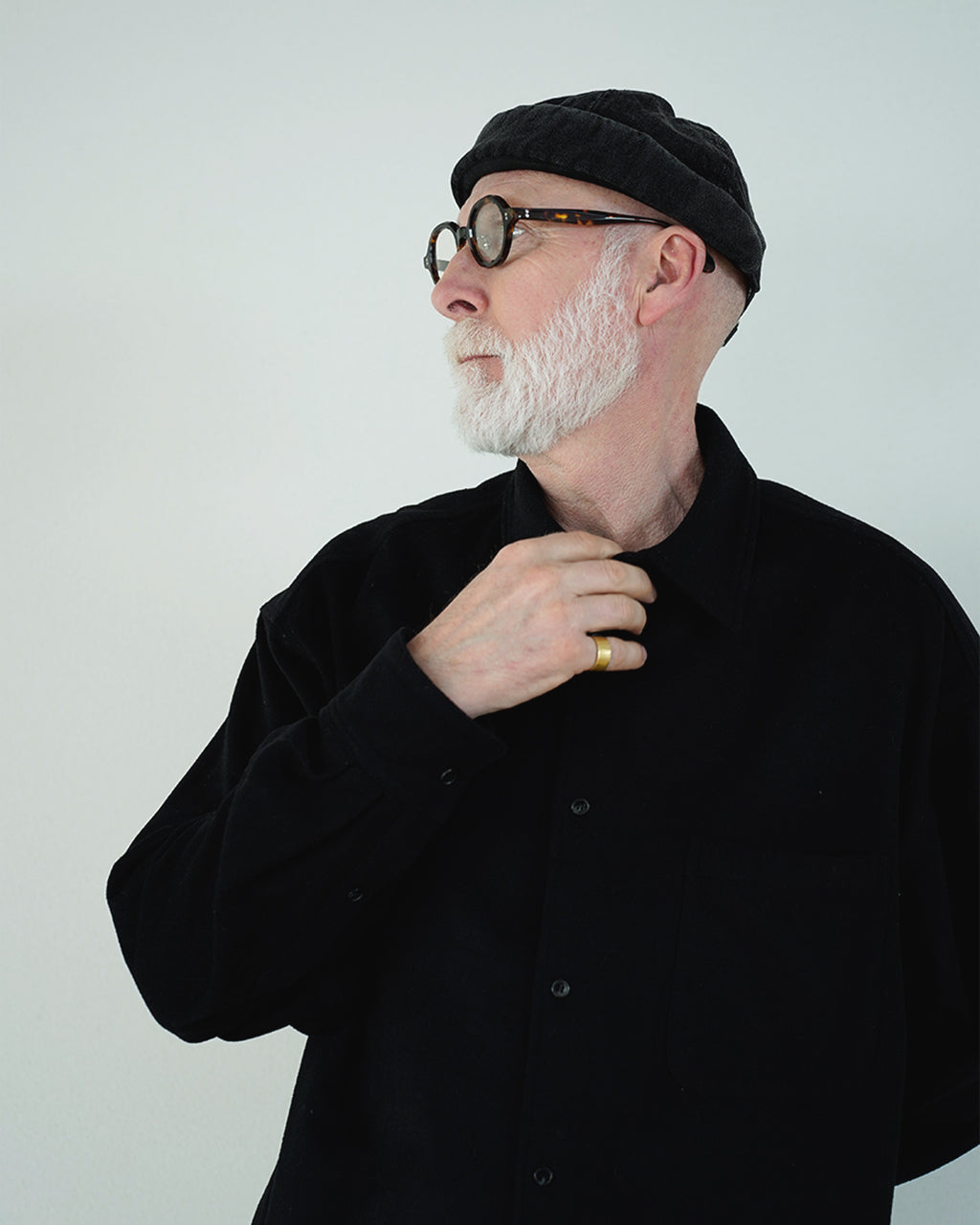 Wool Blend Heavy Flannel Wide Tuck Over Shirt <#black>