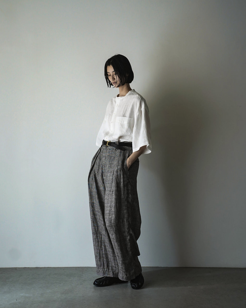 Glen Check Linen Back Belt 3Tuck Wide Straight Trousers <#glen check>