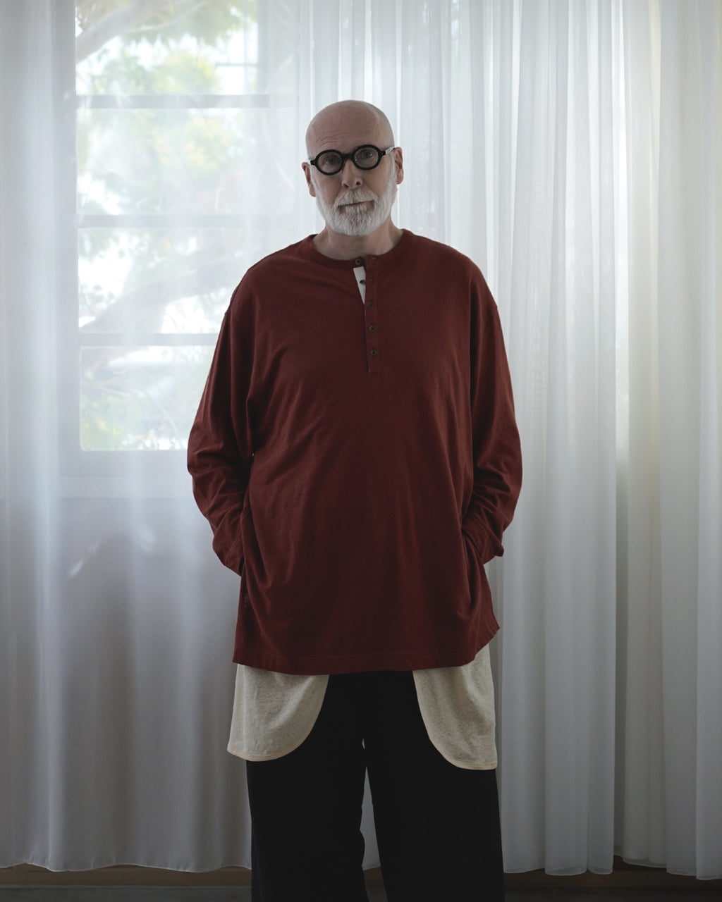 Linen Jersey Henley Neck Middle Length L/S Tee <#terracotta>