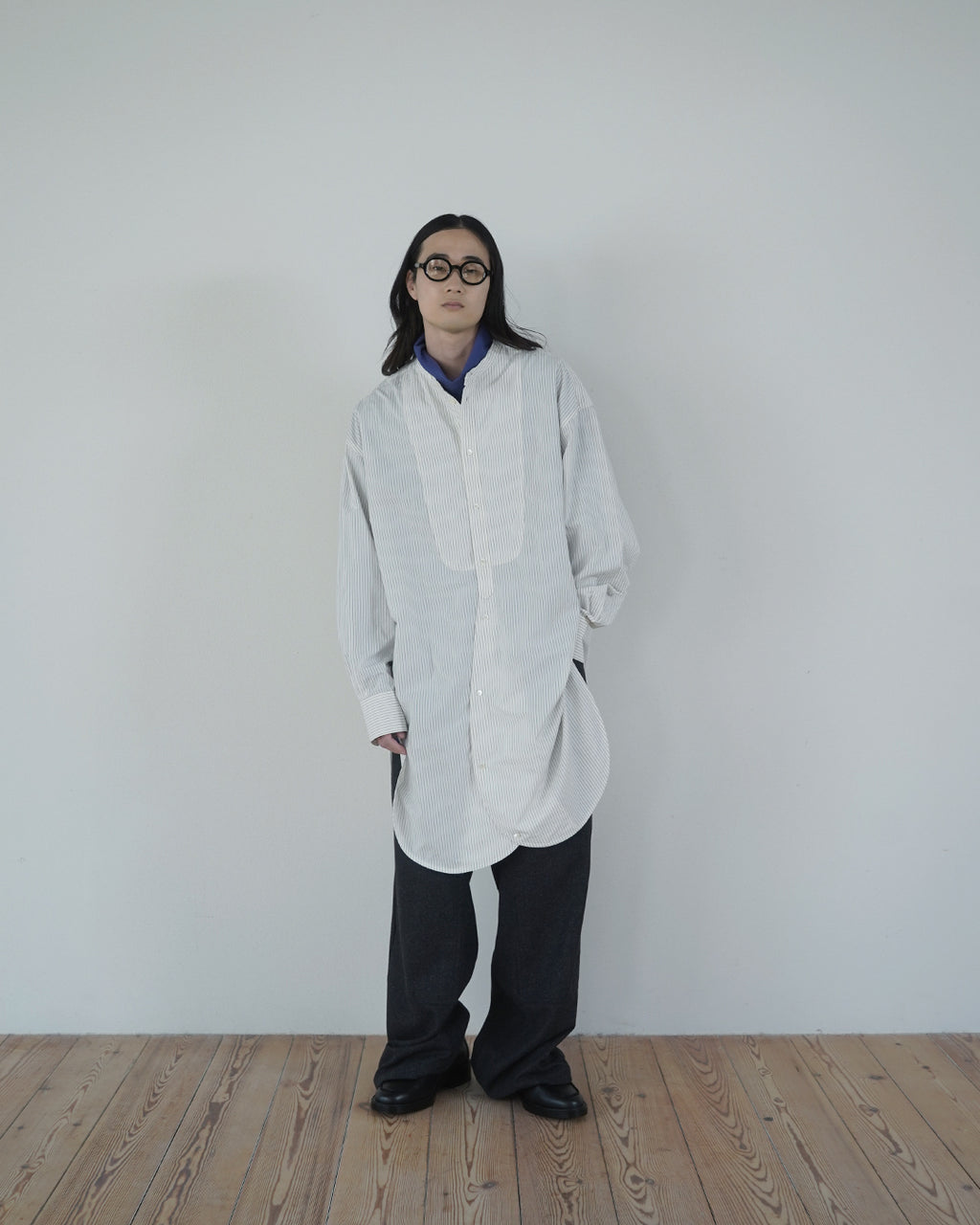 Cotton Typewriter Round Slit Long Officer Shirt <#ivory stripe>