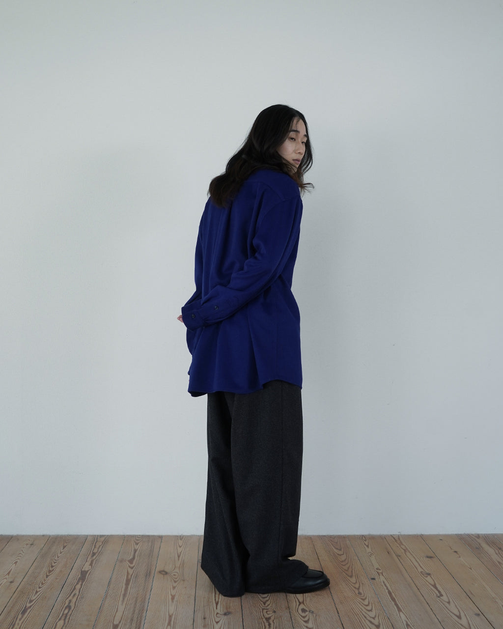 Wool Blend Heavy Flannel Wide Tuck Over Shirt <#royal blue>