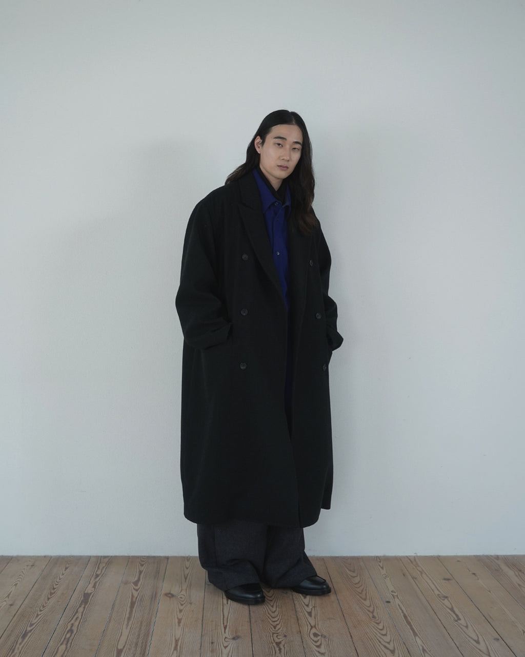 Wool Blend Double-Breasted Long Coat <#black>