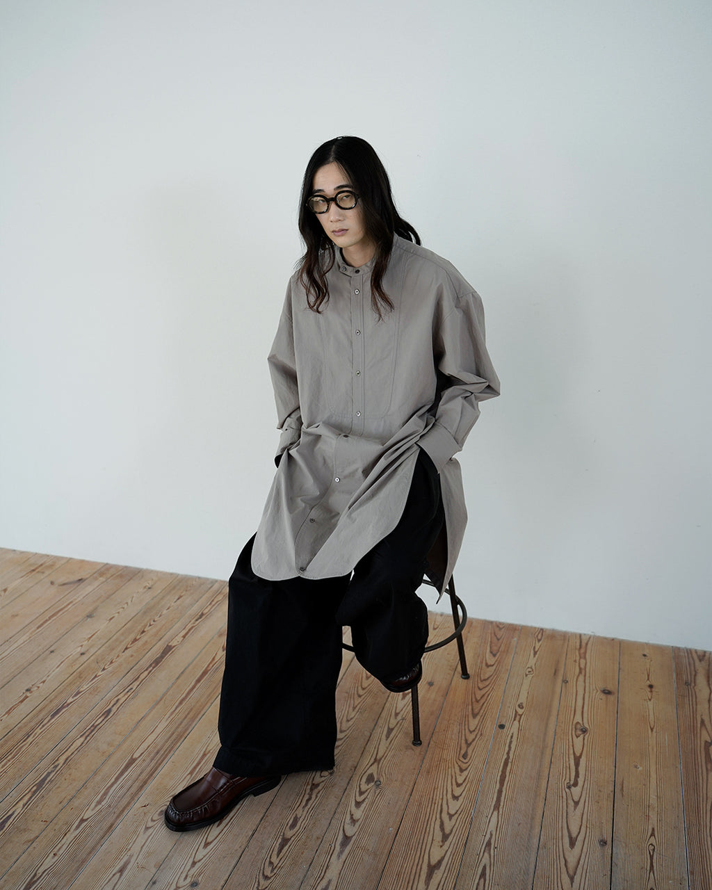 Cotton Typewriter Round Slit Long Officer Shirt <#greige>