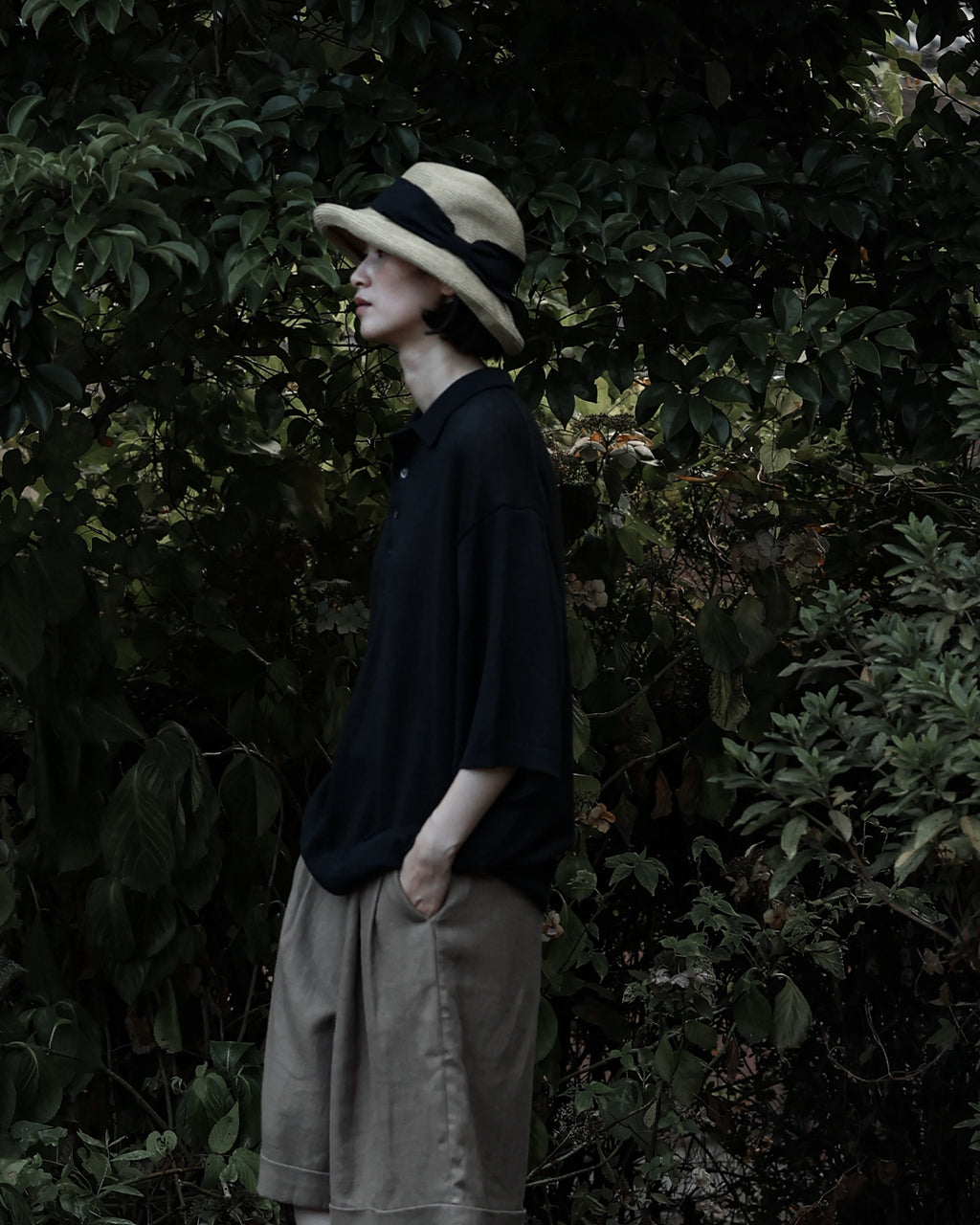 Linen Mid-Gauge Half Sleeve Knit Polo <#black>