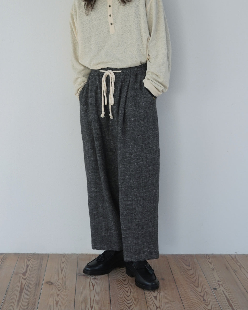 Shetland Wool Linen Rope Belt Easy Sarouel Pants <#charcoal>