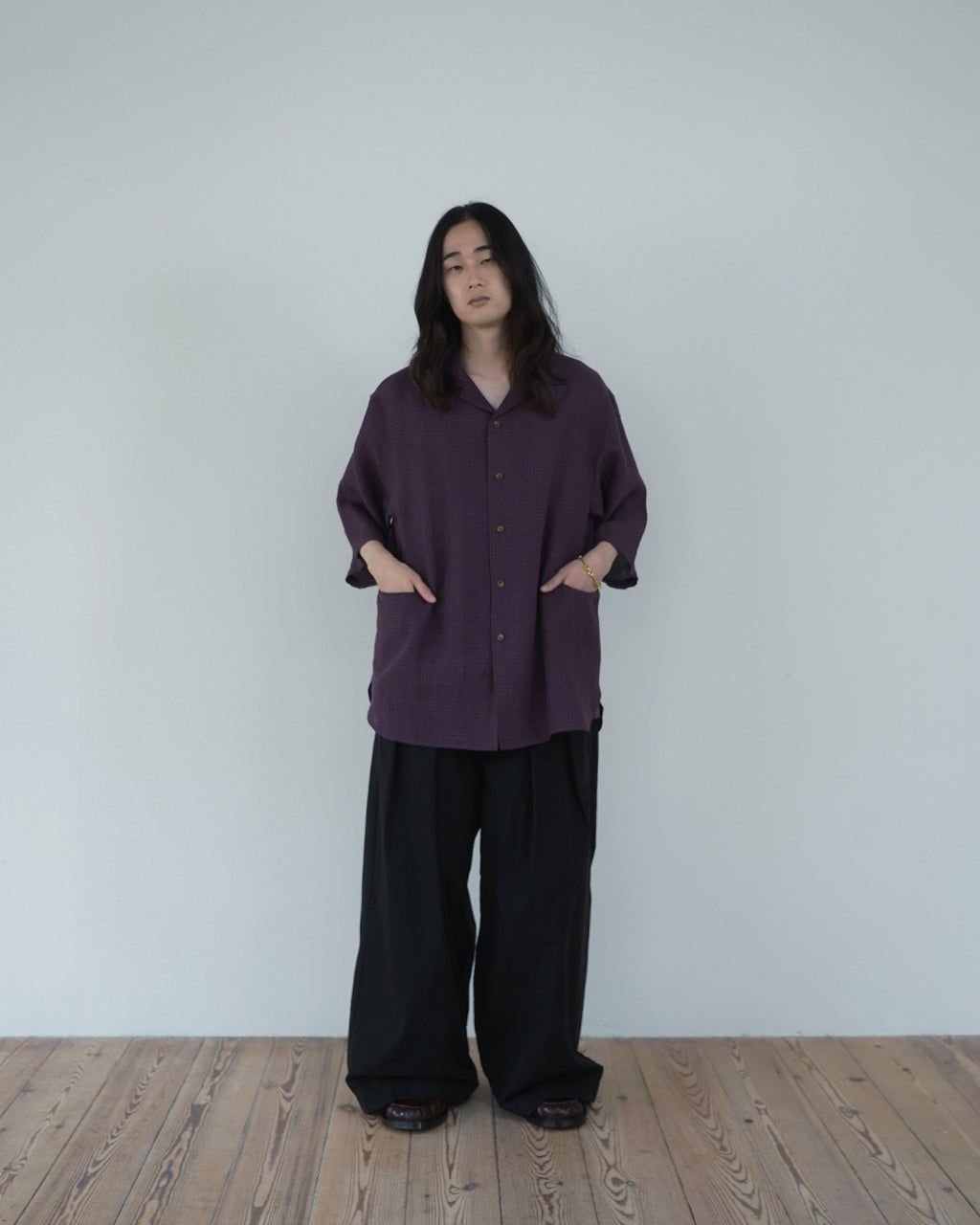 Wash Linen Open Collar 3/4 Sleeve Sleeping Shirt <#brown×navy>