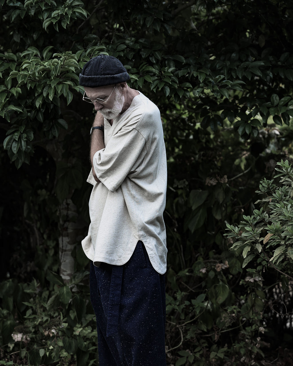 Cotton Linen Hem Round Skipper Half Sleeve Tee <#ivory>